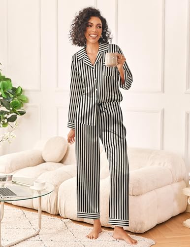 Image of Ekouaer Womens Silk Satin Pajama Sets 2 Piece Sleepwear Pjs Set Long Sleeve Button Down Top and Pants Stripe Loungewear S-XXL
