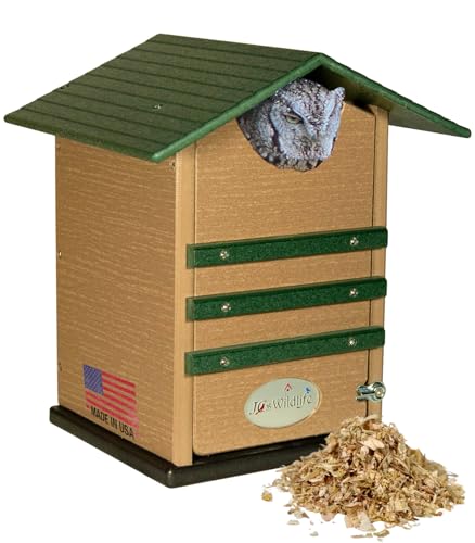 JCs Wildlife Green and Tan Ultimate Poly Screech Owl Nesting Box - Great for Saw-Whet Owls and Kestrels Too - Clean Out Door Makes Cleaning Easy