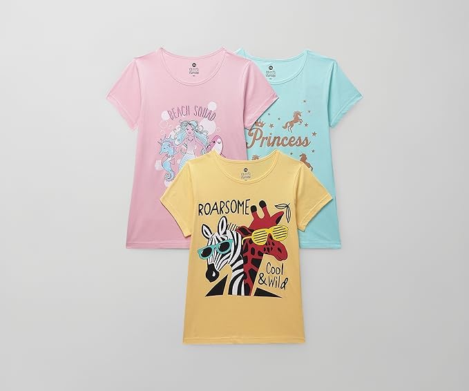 Image of Clotth Theory Girls Super Combed Cotton Regular Fit Round Neck Printed Short Sleeve Tshirt -Combo Pack of 3