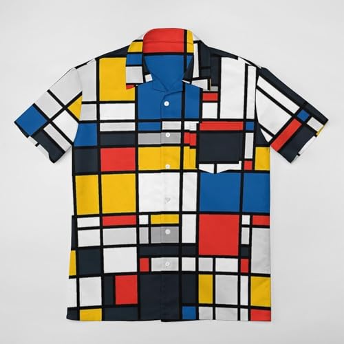 Mondrian Style Pattern Men's Button Down Short Sleeve Shirt Casual Summer Beach Tops3