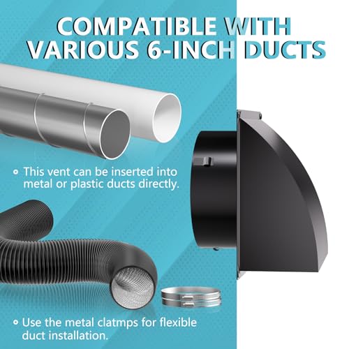 Image of 8 Inch Wall Vent Cover, HG Power Metal Exhaust Vent Cap Outside with Removable Screen & Cushioned Non-Return Flap for Home Wall, Kitchen(Blcak)