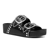 MICIFA Black Studded Platform Sandals for Women Wedges Cute Comfortable Summer Beach Double Buckle Flatform Flats Sandals Open Toe Punk Goth Sandals Casual Flat Slides Sandals Shoes