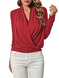 LYANER Women's Casual V Neck Cross Wrap Long Sleeve Plain Blouse Shirt Top Wine Red Medium