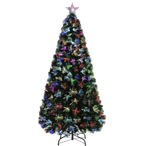 5Ft/150cm Fibre Optic Christmas Tree with Star Topper - Firework Flower Light Effect - Pre-Lit Green Artificial Xmas Tree - Multicolor Changing Lights