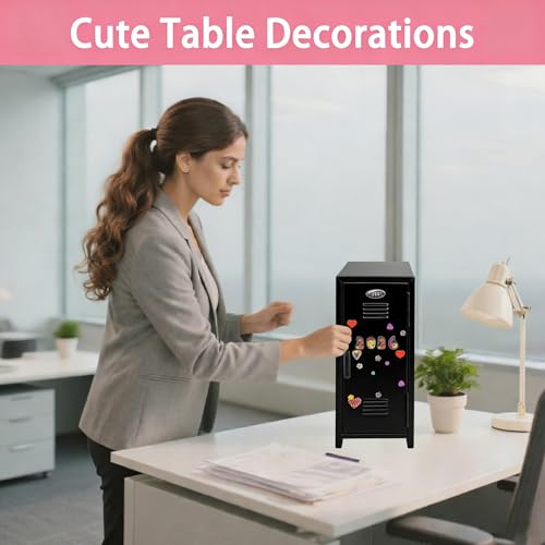 Image of Mini Locker with Lock Key Stickers Box Metal Small Locker Mini Locker Miniature Storage Girls Lockbox Desktop Storage Organizer for Cash Money Jewelry Safe Dollhouse Furniture Accessories (Black)