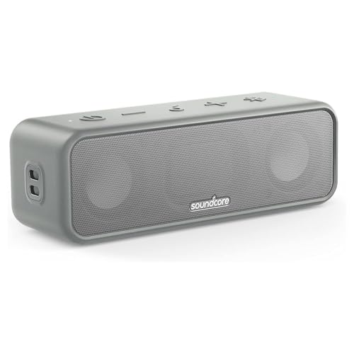 soundcore 3 Bluetooth Lautsprecher, Stereo-Sound, Audiotreiber mit Titan-Membran, PartyCast, BassUp, 24 Stunden Akku, IPX7 Wasserschutz, individueller EQ, für Zuhause, Draußen, Garten (in Grau)