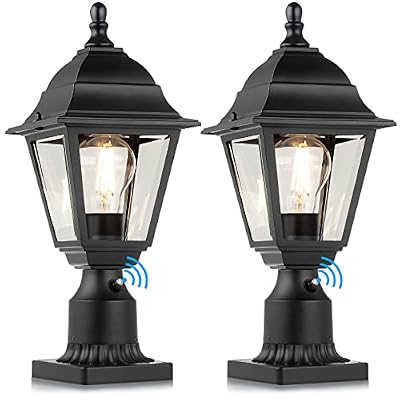 FOLKSMATE Dusk to Dawn Outdoor Post Lights, 2-Pack Waterproof Outside Post Lamps with Pier Mount, Exterior Pole Lantern with Clear Glass, Matte Black Post Light Fixture for Patio, Garden, Walkway