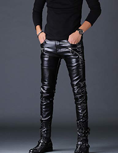 Idopy Men`s Rock Steampunk Lace Up PU Leather Pants Slim Fit