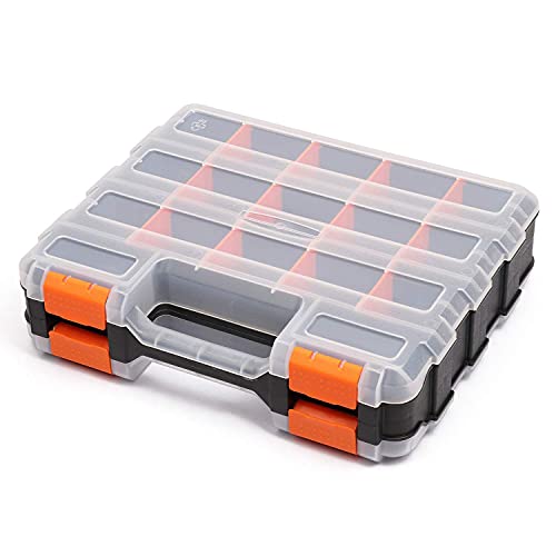 Casoman Double Side Tool Organizer With Impact Resistant Polymer And Customizable Removable Plastic Dividers, Hardware Box Storage, Excellent For Screws,Nuts,Small Parts, 34-Compartment, Black/Orange #TOP1