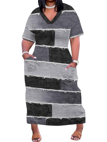 Image of SUZONANA Plus Size Denim Print Maxi Dresses for Women Casual V Neck Short Sleeve with Pockets Soft Jean Look Dress XL-6XL