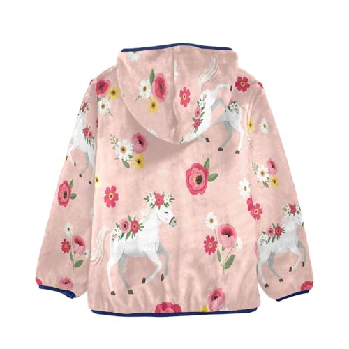 Horse and Floral Pattern Toddler Fleece Jacket Girl Boys Hooded Fleece Jacket Coat Warm Outwear Zip-up 3-10T2