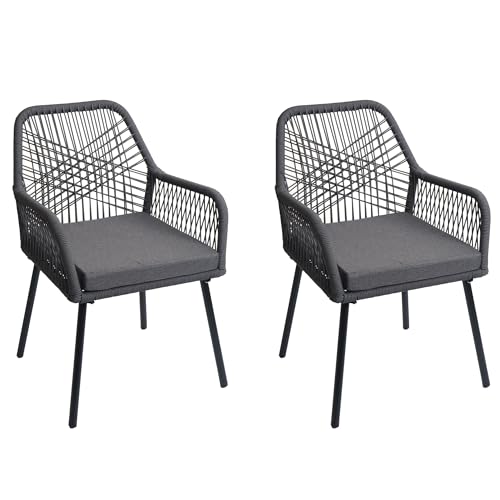 Mendler 2er-Set Gartenstuhl HWC-O12, Outdoor Sitzpolster Aluminium Seilgeflecht Rope - anthrazit, Bezug dunkelgrau