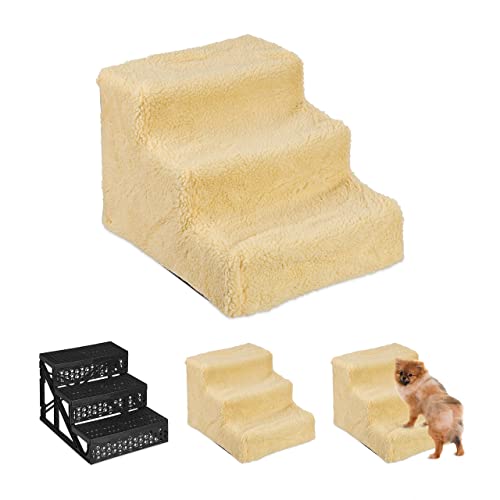 Relaxdays Hundetreppe 3 Stufen, kleine & große Hunde, Bett & Couch, Stoffbezug, Tiertreppe innen, HBT 30x35x45 cm, beige
