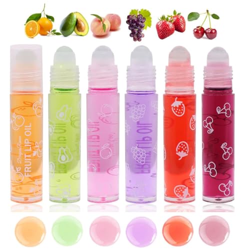Baorder 6Pcs Roll-On Lip Gloss Set,Fruchtaromatisiertes Rollerball Lip Öl,Transparent Plumping Lip Gloss für Jugendliche und Kinder,Nicht giftige Lip-Make-up Set