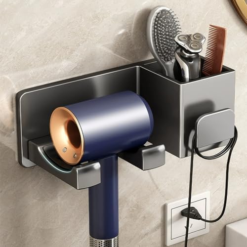 SLTAXAR Soporte Secador de Pelo Adhesivo Negro, Colgador Secador Pelo Sin Taladro, Porta Secador de Pelo para Pared con Compartimento y Organizador de Cables para Baño Peluquería Hotel