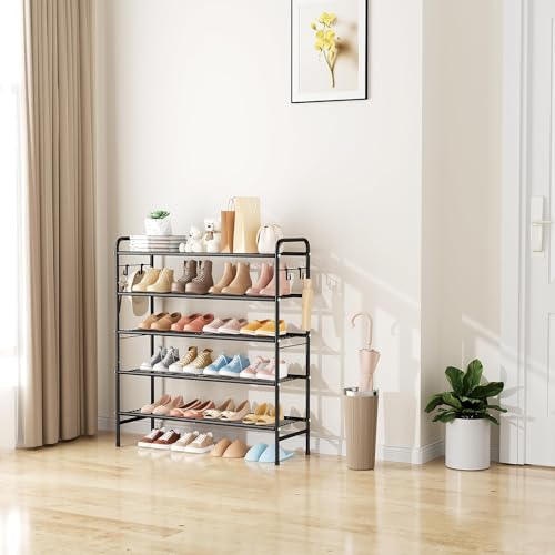 Image of VILICK 5 Tier Shoe Rack 33 inch Wide Metal Shoe Organizer Long Shoe Storage with 4 Side Hooks Sturdy Shoes Shelf for Closet, Front Door Entrance, Garage, Dorm, Black