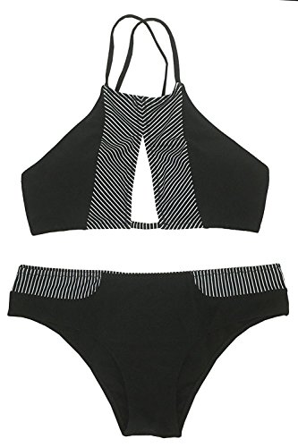 Cupshe Fashion Women's Stripe Splicing Front Cutout Padding Bikini Bathing Suit, Black, Medium
