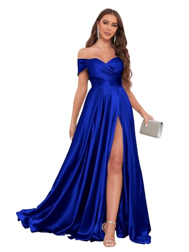 Image of JKMMYO Satin Bridesmaid Dresses for Women Off The Shoulder Pleated Long Formal Evening Dress