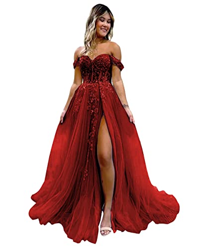 GUKARLEED Women's Lace Appliques Tulle Prom Dresses Long Formal Dress Backless Off The Shoulder Homecoming Dresses with Slit