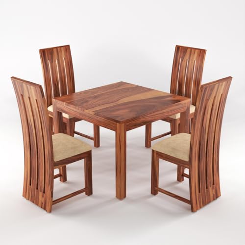 Image of Solid Sheesham Wood Dining Room Sets 4 Seater Dining Table with 4 Cushions Chairs for Dining Room, Living Room, Kitchen, Hotel, Restaurant, Cafeteria (Zinor, Honey Finish)