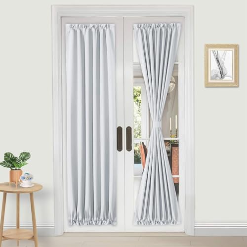 DWCN French Door Curtains – Rod Pocket Thermal Curtain for Doors with Glass Window, Kitchen and Patio Doors for Privacy, 30 X 64 Inches Long, 1 Curtain Panel with Tieback, Greyish White