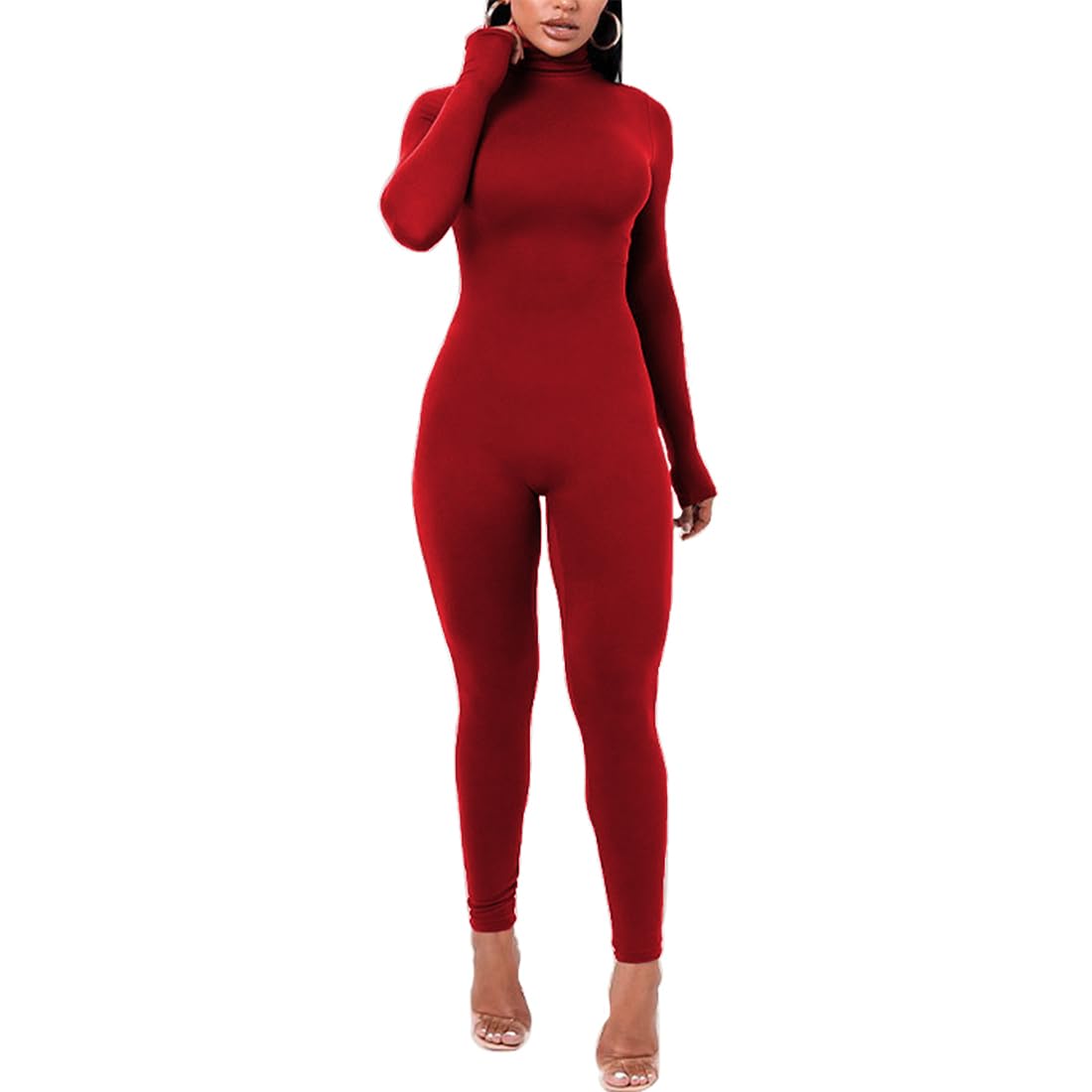 Azhong Women's Sexy Long Sleeve Turtleneck Jumpsuits Bodycon Back Zipper High Waist One Piece Casual Club Rompers