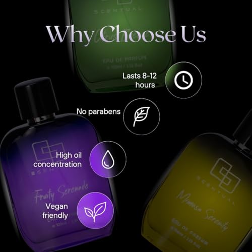Image of Scentual Citrus Breeze, Mimosa Serenity & Fruity Serenade Eau De Perfum For Men & Women | Modern Lifestyle Long Fragrance Gift 10.2 oz Total (Pack of 3, 100ml Each)