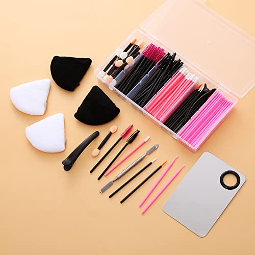 Disposable Makeup Applicators Kit With Makeup Mixing Palette Spatula Triangle Powder Puffs For Face Powder Makeup Artist Must Haves Kit Supplies Mascara Wands Disposable,Lip Wands, Micro Brush,Eyeshadow Brush, Hair Clips,With Storage Box (Pink And Black) #TOP2