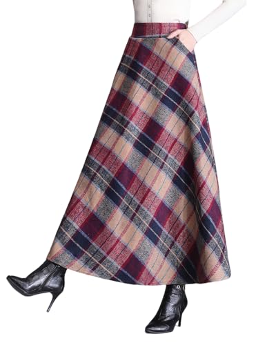 Falda larga retro de invierno para mujer, de lana de cintura alta, rejilla vintage, cintura elástica, elegante, acampanada, falda acampanada, falda plisada, Rojo 6., S