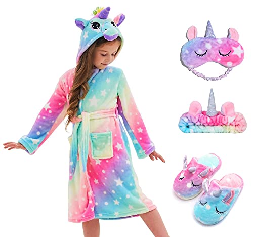 CHETOSHO Soft Unicorn Hooded Robe with Matching Slippers Headband and Blindfold for Girls - Pink/Blue Stars 10-12 Years