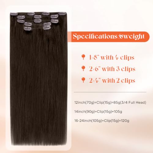 Image of Sunny Hair Clip in Hair Extensions Real Human Hair 12 Inch Remy Extensions for Women Brown Short Straight Hair Esay to Use for Daily Wear Lightweight 85g
