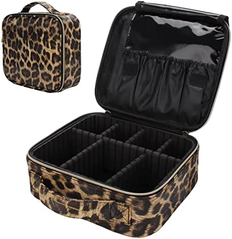 Uongeod Travel Makeup Bag Leopard Print PU Leather Cosmetic Makeup Bag Organizer case with Adjustable Dividers for Women Girls