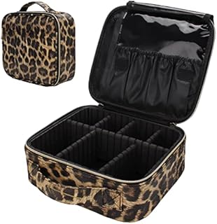 Uongeod Travel Makeup Bag Leopard Print PU Leather Cosmetic Makeup Bag Organizer case with Adjustable Dividers for Women Girls