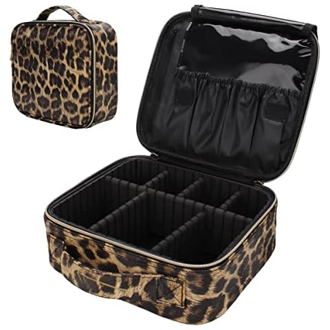 Uongeod Travel Makeup Bag Leopard Print PU Leather Cosmetic Makeup Bag Organizer case with Adjustable Dividers for Women Girls Cover