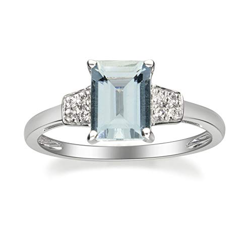 Gin & Grace 10K White Gold Genuine Blue Aquamarine Ring with Diamonds for women | Ethically, authentically & organically sourced (Emerald-cut) shaped Aquamarine hand-crafted jewelry for her | Aquamarine Ring for women