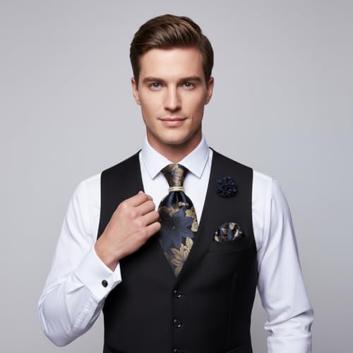 Image of 5PCS Mens Silk Designer Tie, Pocket Square, Cufflinks, Drilled Tie Ring and Lapel Pin Set for Wedding Groom Party