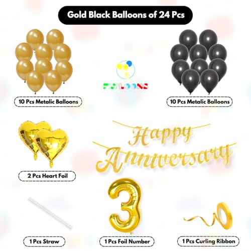 Image of Flyloons 3rd Happy Anniversary Decoration Items Gold Black for Men Women Husband Wife Mom Dad Parent Couple Home Bedroom Car With 20 Pcs Metallic Balloons Anniversary Banner 2 Pcs Heart Set Kit Golden