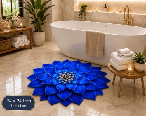 Image of 3D Lotus Floral Door Mat | Water Absorbent, Anti-Skid, Machine Washable Floor Mat | Soft Microfiber Carpet for Home, Living Room & Bedroom | Premium Decorative Mat (Blue, Lotus)