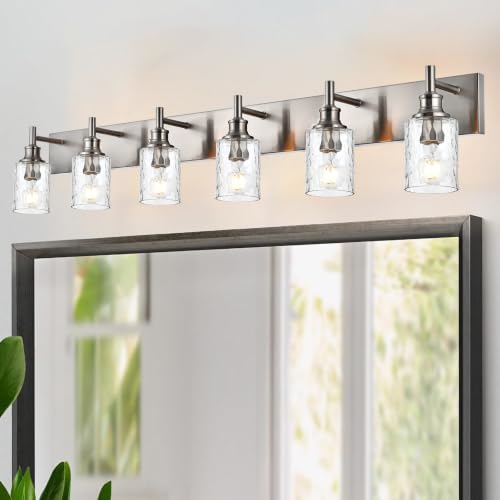 Image of 6 Lights Brushed Nickel Bathroom Vanity Light, Hammered Glass Shade | Modern Bathroom Lighting Fixtures over Mirror, Metal Finish Vanity Wall Sconce, E26 Base, for Bedroom Living Room Hallway