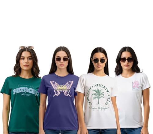 Image of Cotton Blend Regular Fit Half Sleeve Printed Round Neck Multicolor Drop Shoulder T-Shirt for Womens & Girls (Pack of 4)