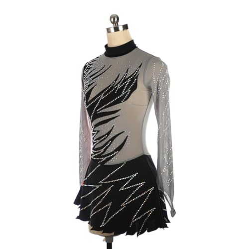 Vestido de patinação artística, temperamento preto cinza vermelho linha strass patinação artística c