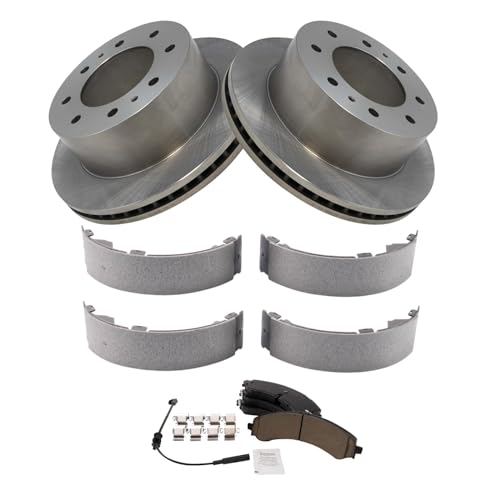 Image of TRQ Rear Brake Pad and Rotor Kit Brake Pads Rotor Parking Shoe Set Ceramic Compatible with 2020-2022 Chevrolet Silverado 2500 HD Silverado 3500 HD GMC Sierra 2500 Sierra 3500