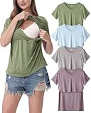 Rnxrbb 4 Pack Nursing Tops for Breastfeeding Summer Short Sleeve T Shirts V Neck Postpartum Clothes,Gray&Light Blue&Light Green&Purple M