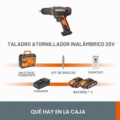 Miniatura 6 de Worx Wx108 Taladro Atornillador 20v Powershare, 2 Baterías 2ah, Cargador Y Maletín, Portabrocas 13mm, 45nm, Luz Led Y Punta De Atornillar Doble