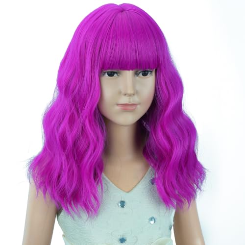 Image of Kids Purple Red Wig Girls Short Magenta Wavy Curly Wigs Child Magenta Wig with Air Bangs Synthetic Cosplay Hair Wigs