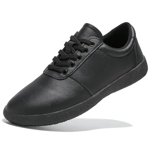TRULAND Women's Non-Slip Work Shoes | Slip-Resistant Leather Shoes for Nurses, Chefs & Healthcare Professionals | Lightweight & Comfortable for Restaurant & Food Service | Black & White Work Sneakers