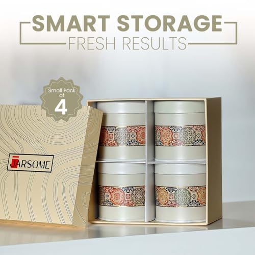 Image of Mandala Collection Airtight Kitchen Container Set| 450ML- Set of 4| Food Grade Metal Jars for Spices, Seeds, Green Tea & Dry Storage| Vacuum Lid, Rust Resistant| Beige Rangoli Canisters