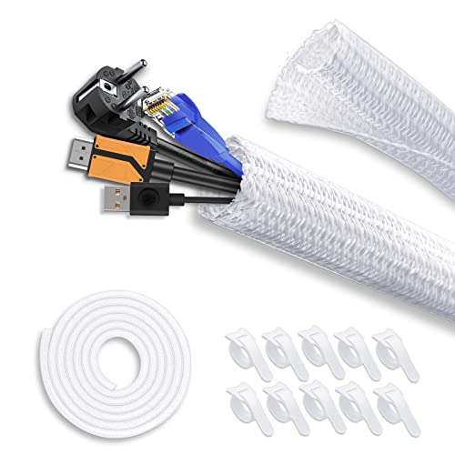 3m Cable Tidy Sleeve, Braided Cable Management with 10Pcs Cable Ties Wire Organizer for TV/PC Home Office Power Cord Protect (White)