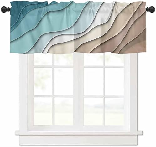 RisQiten Teal Blue Ombre Cream Valances for Windows, Kitchen Curtains Window Treatment Decor, Modern Geometric Brown Aesthetic Rod Pocket Short Window Valances for Living Room/Bedroom, 54" x 18"