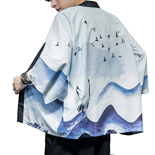 Image of Men's Japanese Kimono Robe Jacket Lightweight 3 /4 Sleeve Open Front Yukata | Silky Smooth Fashion Print Happi Coat Lightweight Breathable Loose Unisex Haori Casual Summer Cardigan Daily Beach Vacation